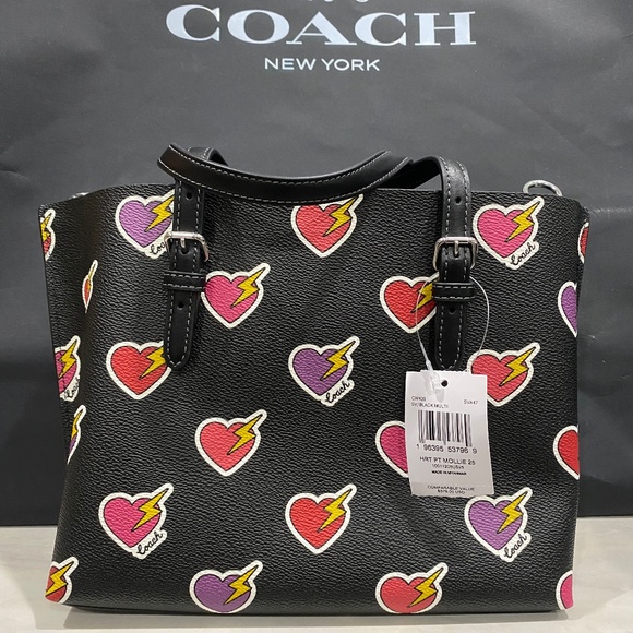 Coach Mollie Tote Bag 25 With Heart Bolt Print - Picture 11 of 13